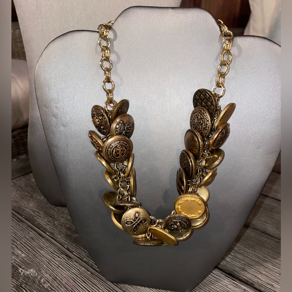 Brass-tone Button Collar Necklace